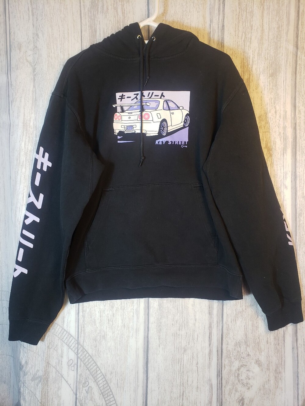 Key Street Hoodie Men’s Black Pullover Fleece Car Graphic Japanese Anime Medium